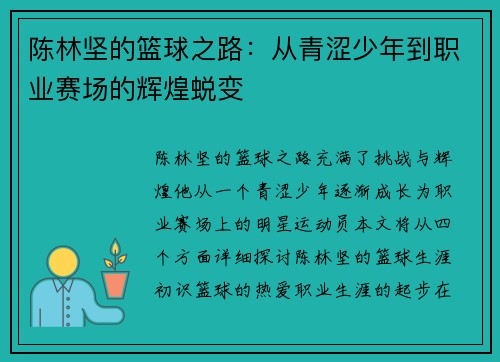 陈林坚的篮球之路：从青涩少年到职业赛场的辉煌蜕变