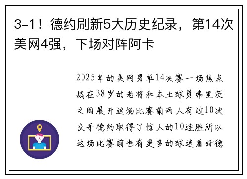 3-1！德约刷新5大历史纪录，第14次美网4强，下场对阵阿卡