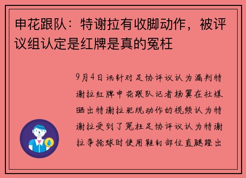 申花跟队：特谢拉有收脚动作，被评议组认定是红牌是真的冤枉